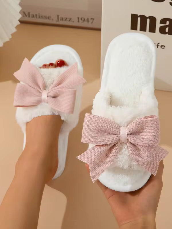 Fall/Winter Women Bow & Fuzzy Decor Single Band Home Slippers, Fashionable Indoor Fabric Bedroom Slippers,Christmas Outfits,Fluffy Slippers