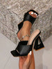 Women's Black High Heel Mule Sandals With Asymmetric Heels, White Fashionable Summer Mule Slippers For Elegant Party Style,Chunky Heels