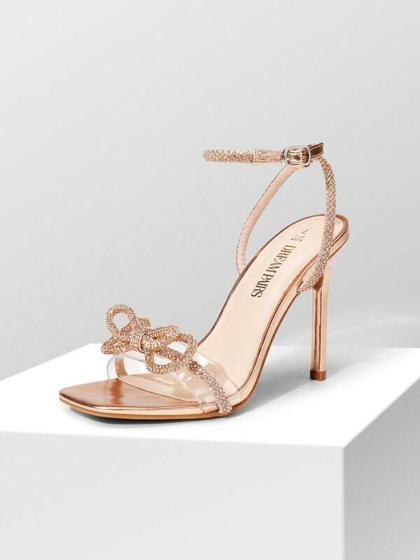 Women Bowknots Crystal High Heeled Sandals Fashion Square Open Toe Rhinestone Decor Ankle Strap Stiletto Sandals For Party Wedding Prom