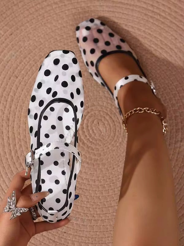 French Lace Mesh Flat Shoes For Women, Square Toe Pearl Mary Jane Shoes, Breathable Low Vamp Shoes, Retro Polka Dot Bow Loafers Slip-On, Spring/Summer, Ballet Flat Shoes